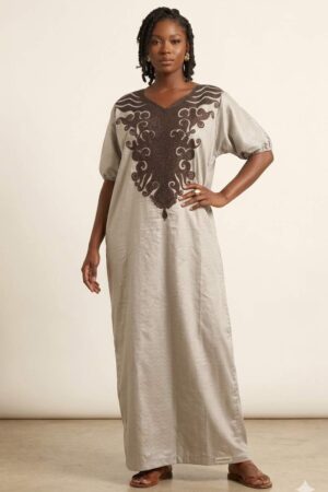 Guinea Brocade – Champagne Silver with Cocoa Embroidery