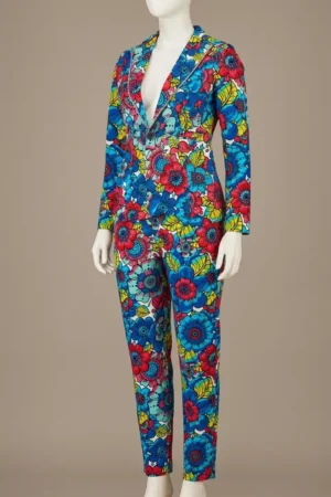 Woman’s multicolor Ankara floral blazer and trouser suit with bold blue, red, and yellow African print design