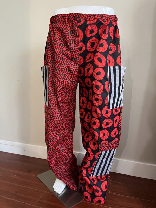 Unisex Asooke Cargo Pants – Red & Black Patchwork Unisex Asooke Cargo Pants – Red & Black Patchwork