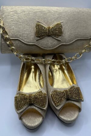 Italian Champagne Gold Bow Shoes and Matching Clutch Set