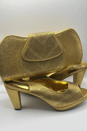 Italian gold Swarovski shoes and matching bag set with 4-inch heels for women