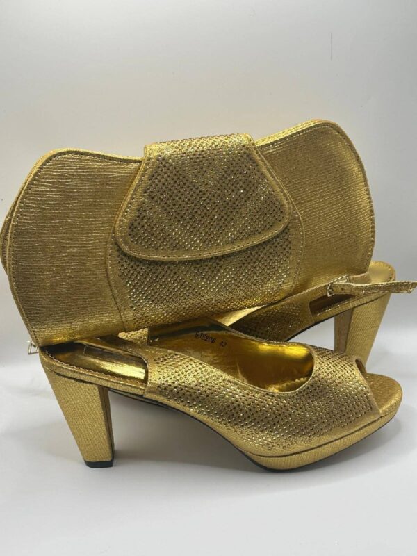 Italian Gold Swarovski Shoes and Bag Set Italian gold Swarovski shoes and matching bag set with 4-inch heels for women